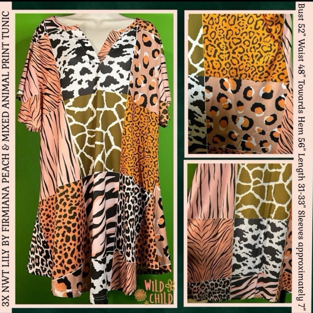 3X NEW NWT LILY BY FIRMIANA PEACH & MIXED ANIMAL PRINT TUNIC BOLD FALL PATTERN
